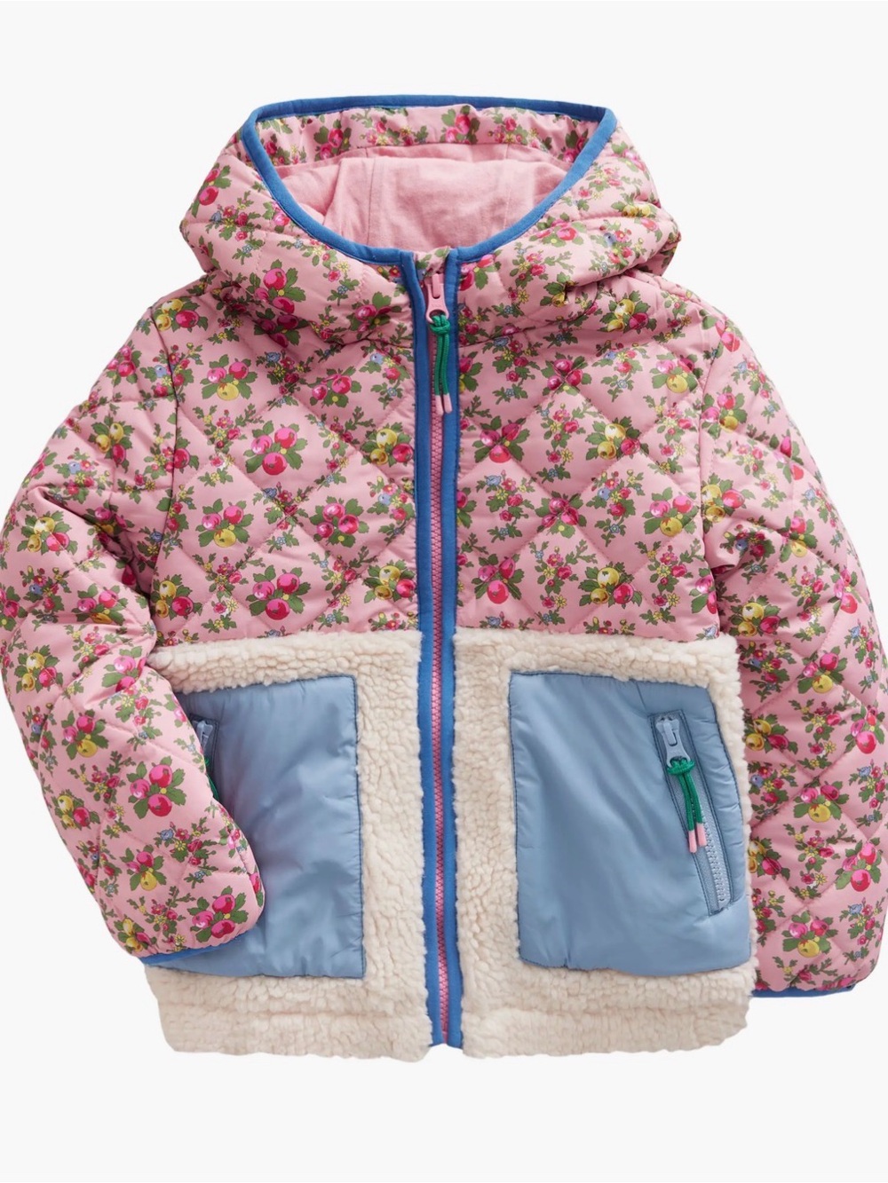Mini Boden Pink Floral Quilted Puffer Jacket with Light Blue Pockets.